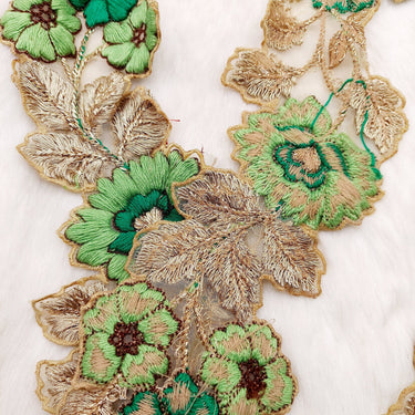 Green and Gold Floral Embroidered Trim, Tissue Fabric Cutwork Lace Flowers Embroidery, Floral Sari Trimming